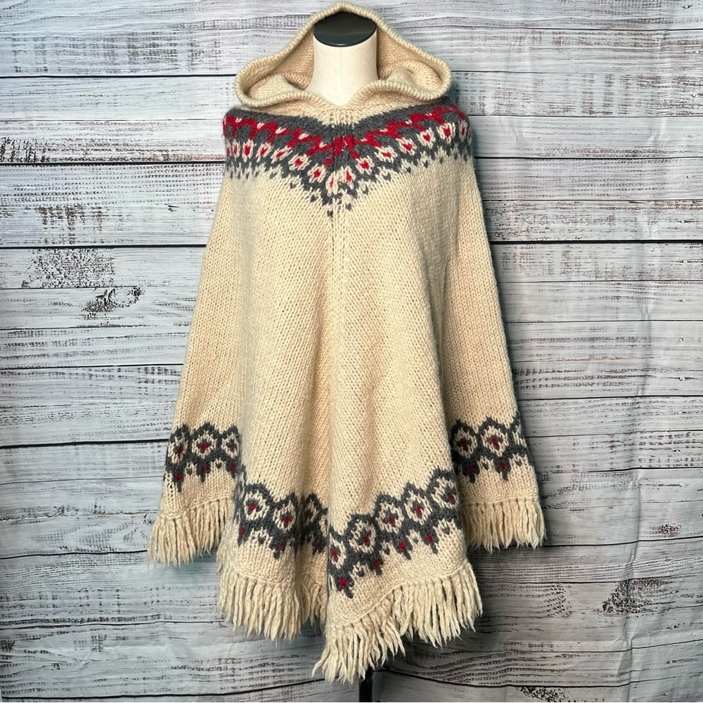 J Crew Wool Poncho Small Medium Hooded Fair Isle Cape 100% Wool